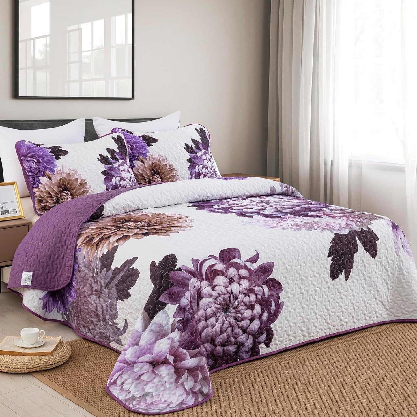 Ensemble de literie réversible 3 pièces bohème violet floral