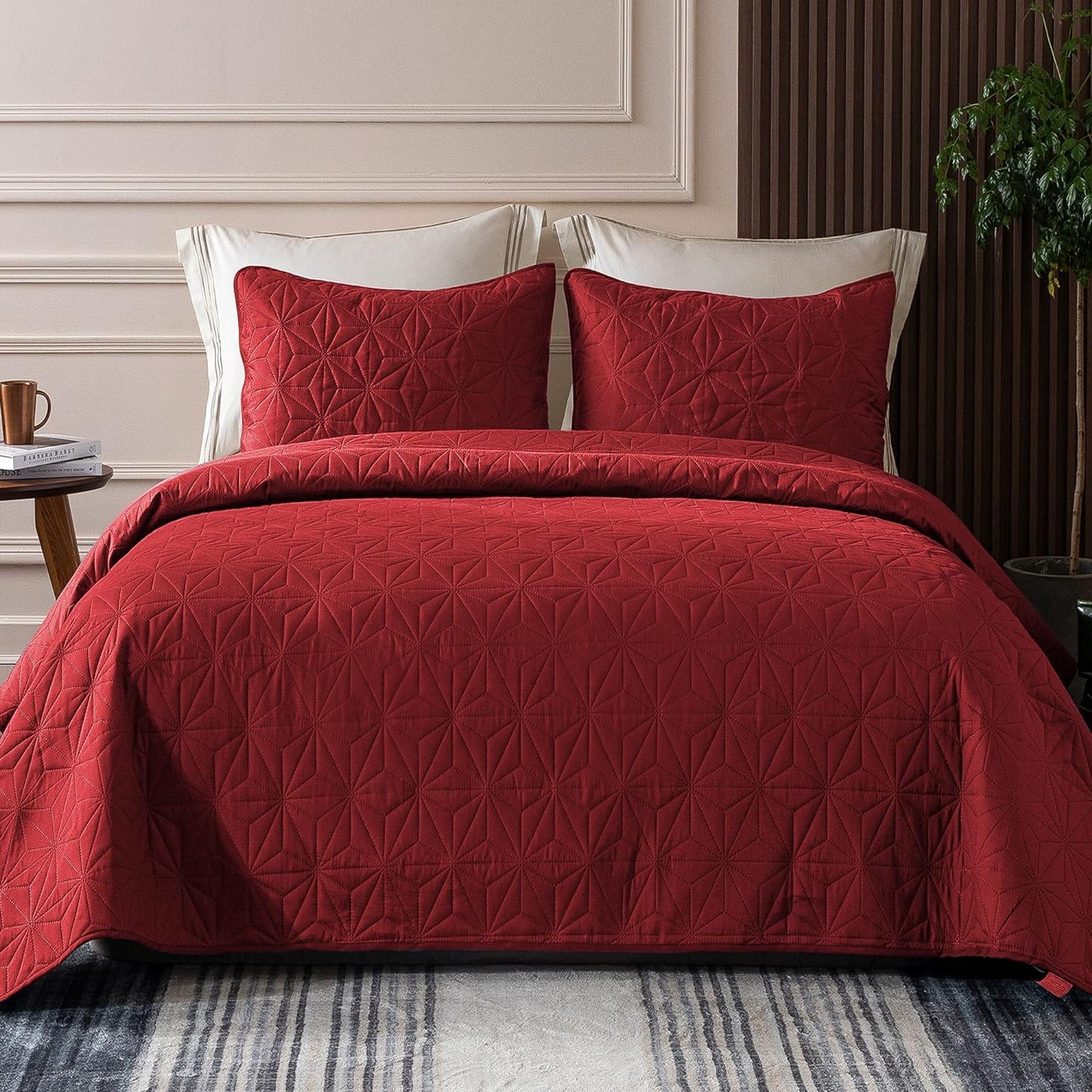 Solid Red 3 Piece Lightweight Bedding Quilt Set