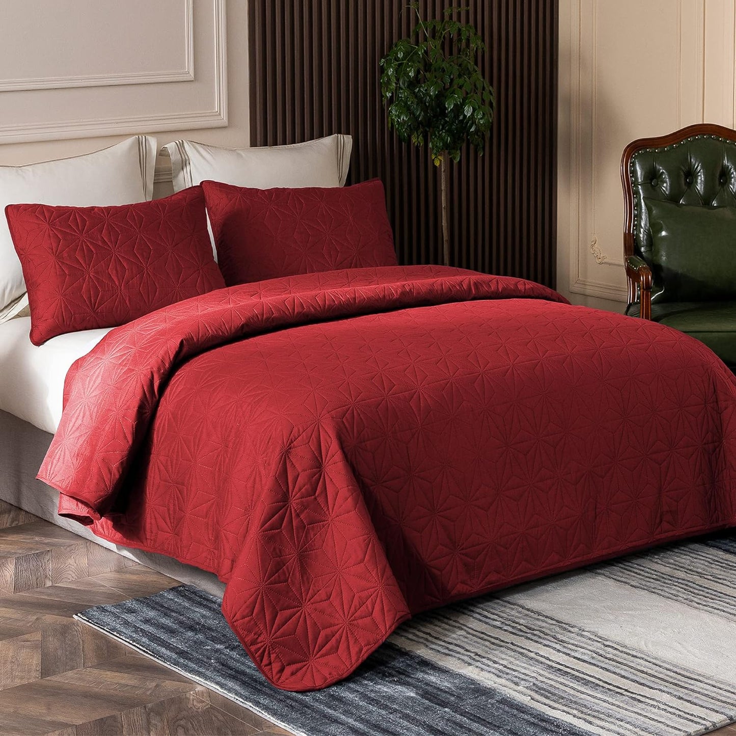 Solid Red 3 Piece Lightweight Bedding Quilt Set