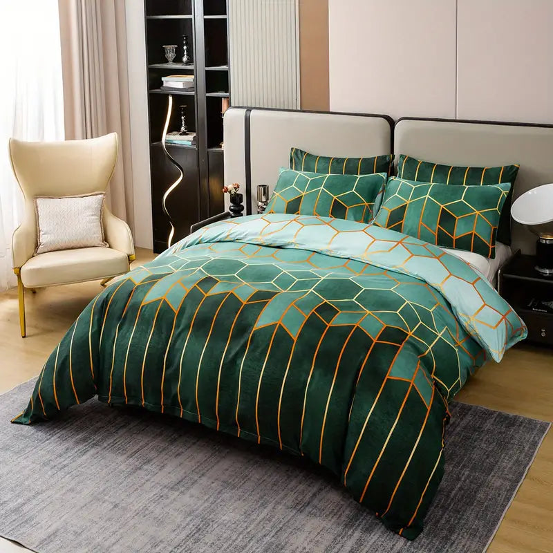 Retro Geometric Green & Gold - 3 Piece Duvet Cover Set