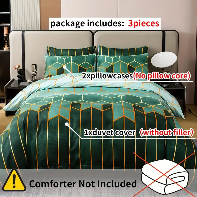 Retro Geometric Green & Gold - 3 Piece Duvet Cover Set
