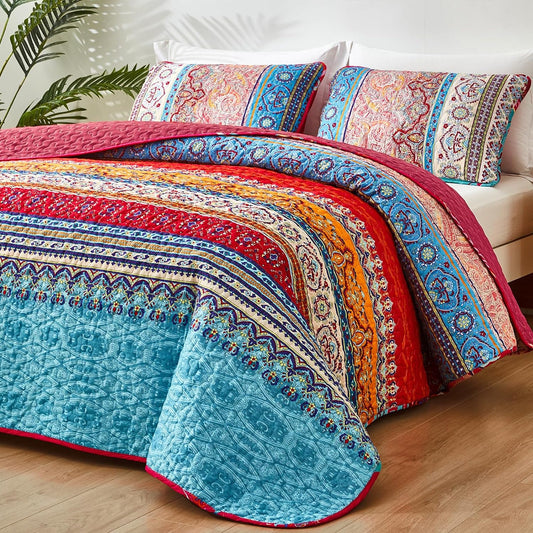 Bohemian Rose Red & Blue Reversible 3 Piece Quilt Set