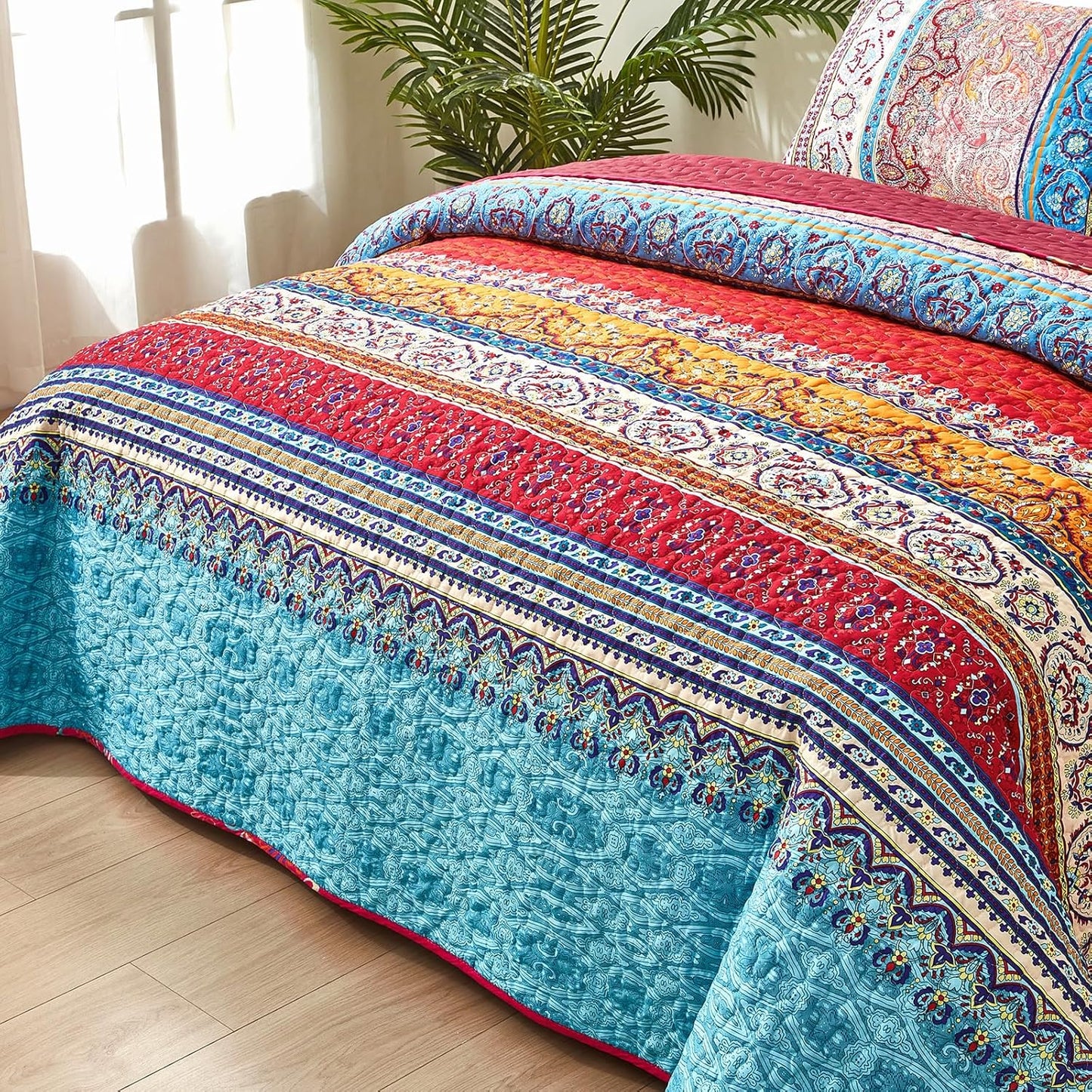 Ensemble de courtepointe réversible 3 pièces bohème orange et bleu
