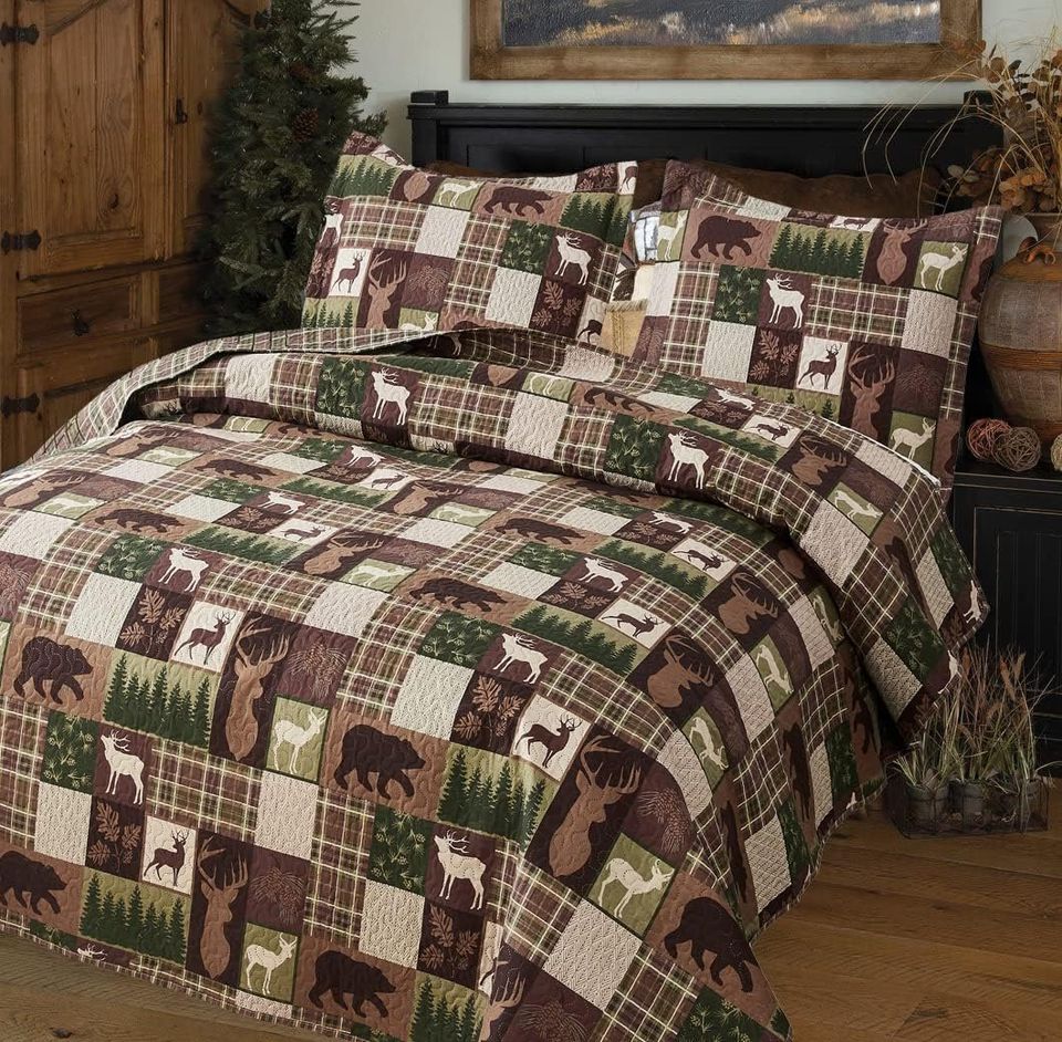 Forest Wildlife Brown & Green 3 Piece Bedspread Set