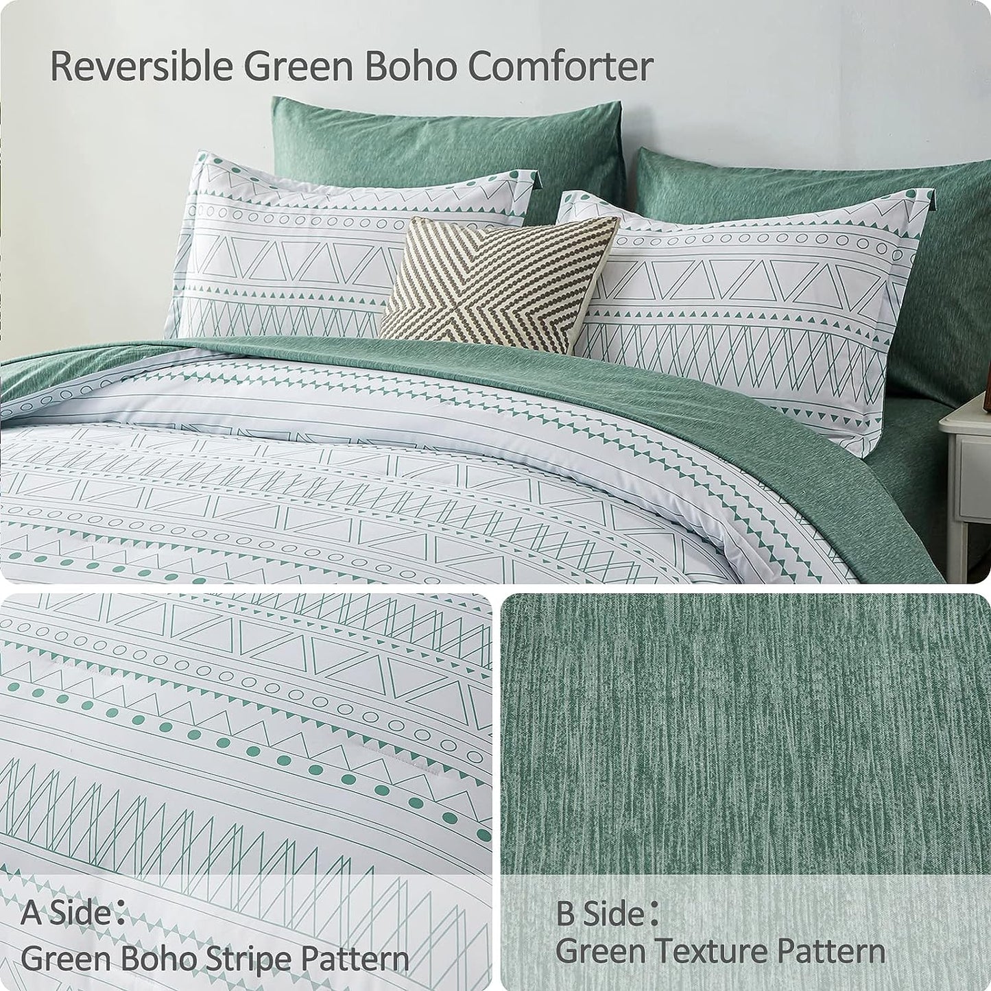 Boho Sage Green Reversible 3 Piece Comforter Set