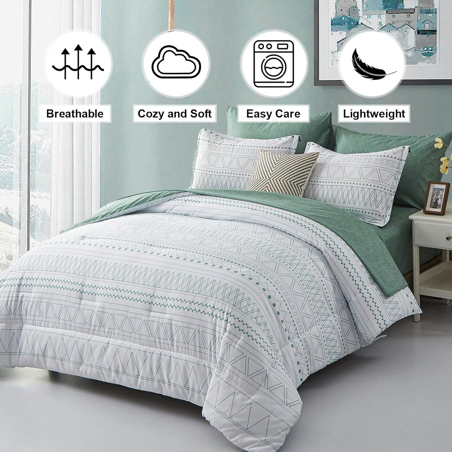 Boho Sage Green Reversible 3 Piece Comforter Set