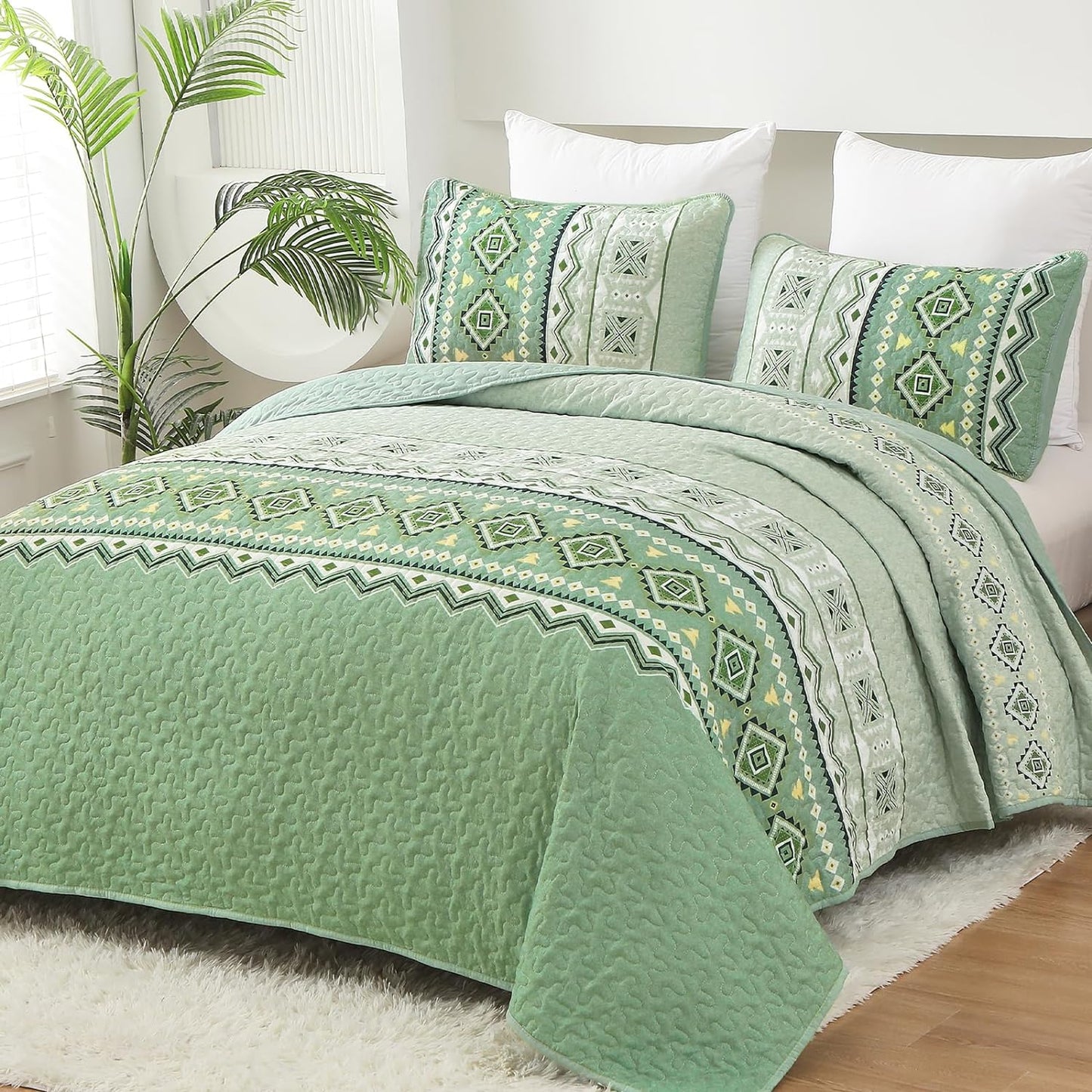 Ensemble de courtepointe réversible 3 pièces Boho aztèque vert sauge
