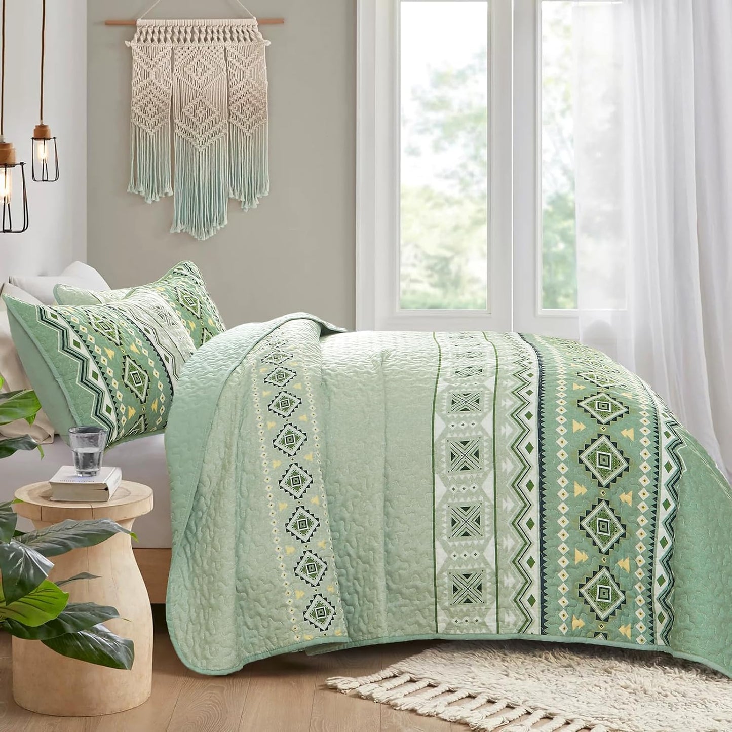 Ensemble de courtepointe réversible 3 pièces Boho aztèque vert sauge