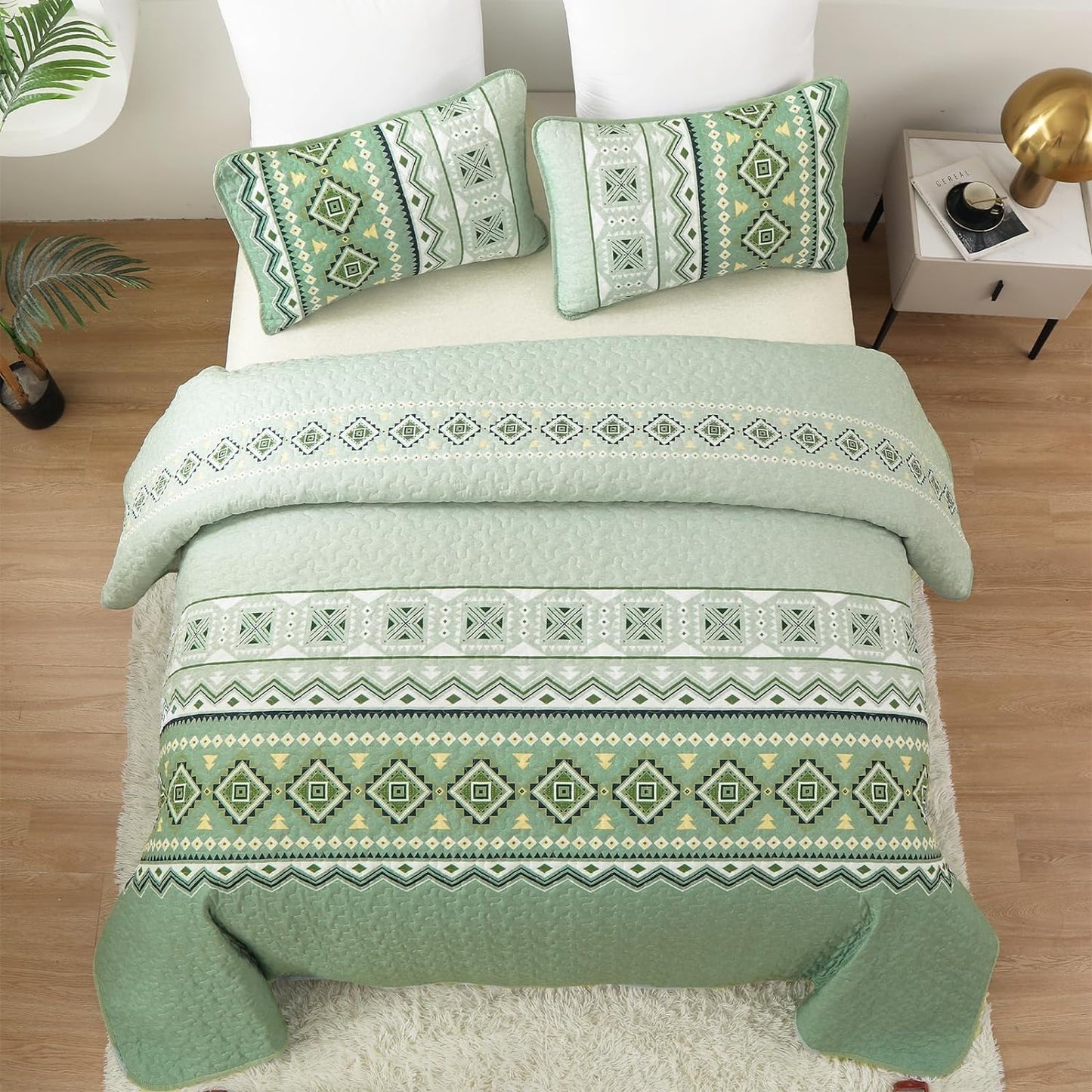 Ensemble de courtepointe réversible 3 pièces Boho aztèque vert sauge
