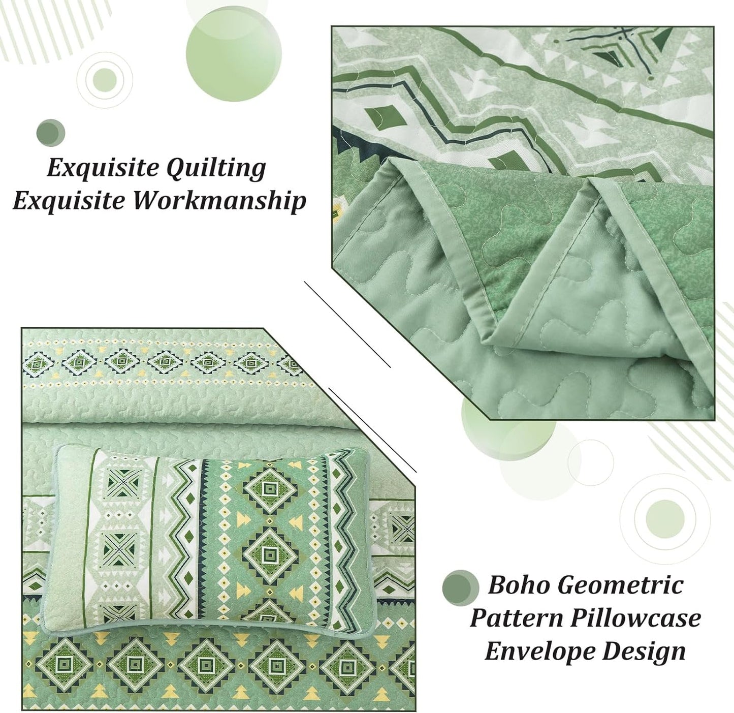 Boho Aztec Sage Green Reversible 3 Piece Quilt Set