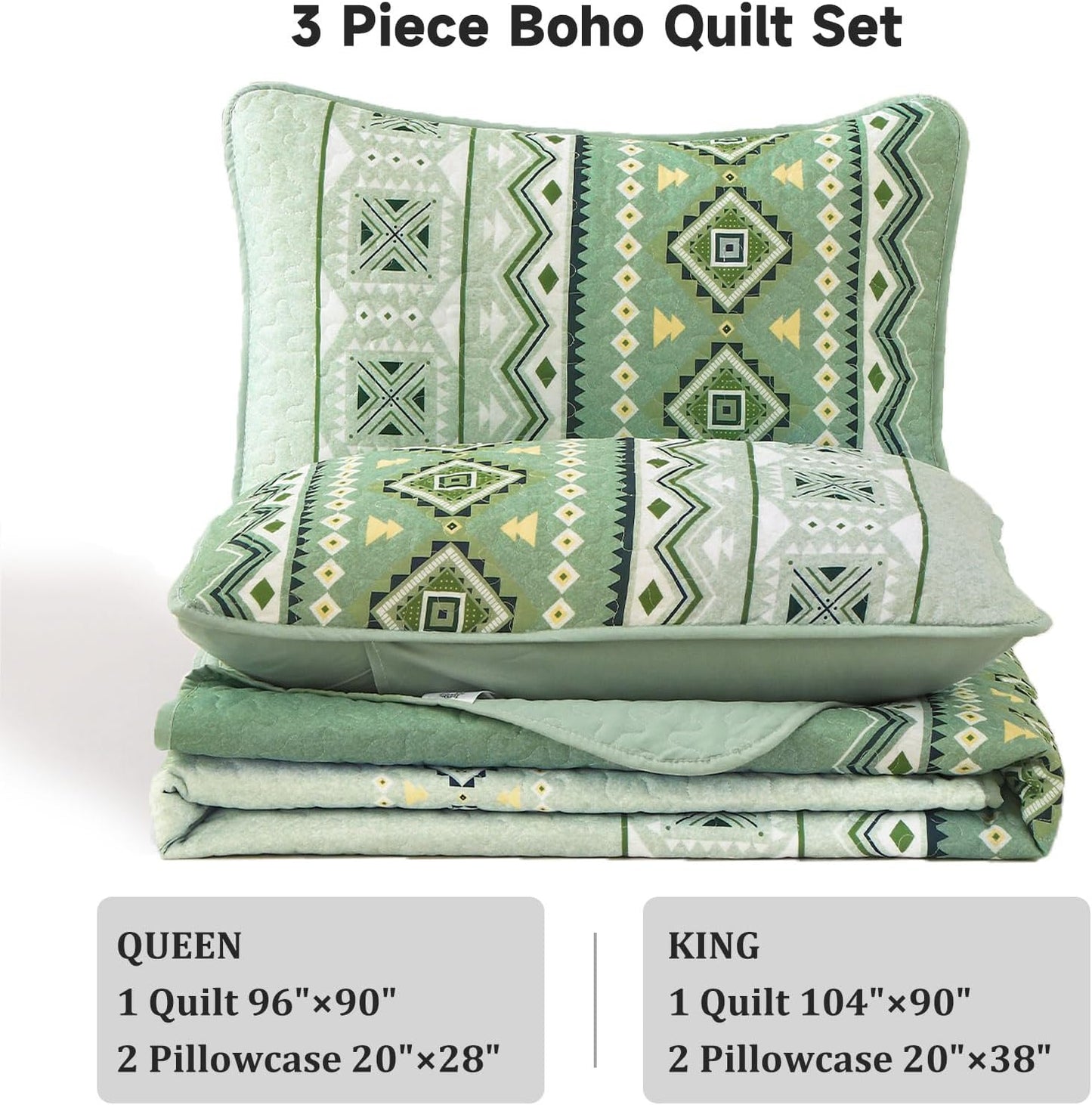 Ensemble de courtepointe réversible 3 pièces Boho aztèque vert sauge