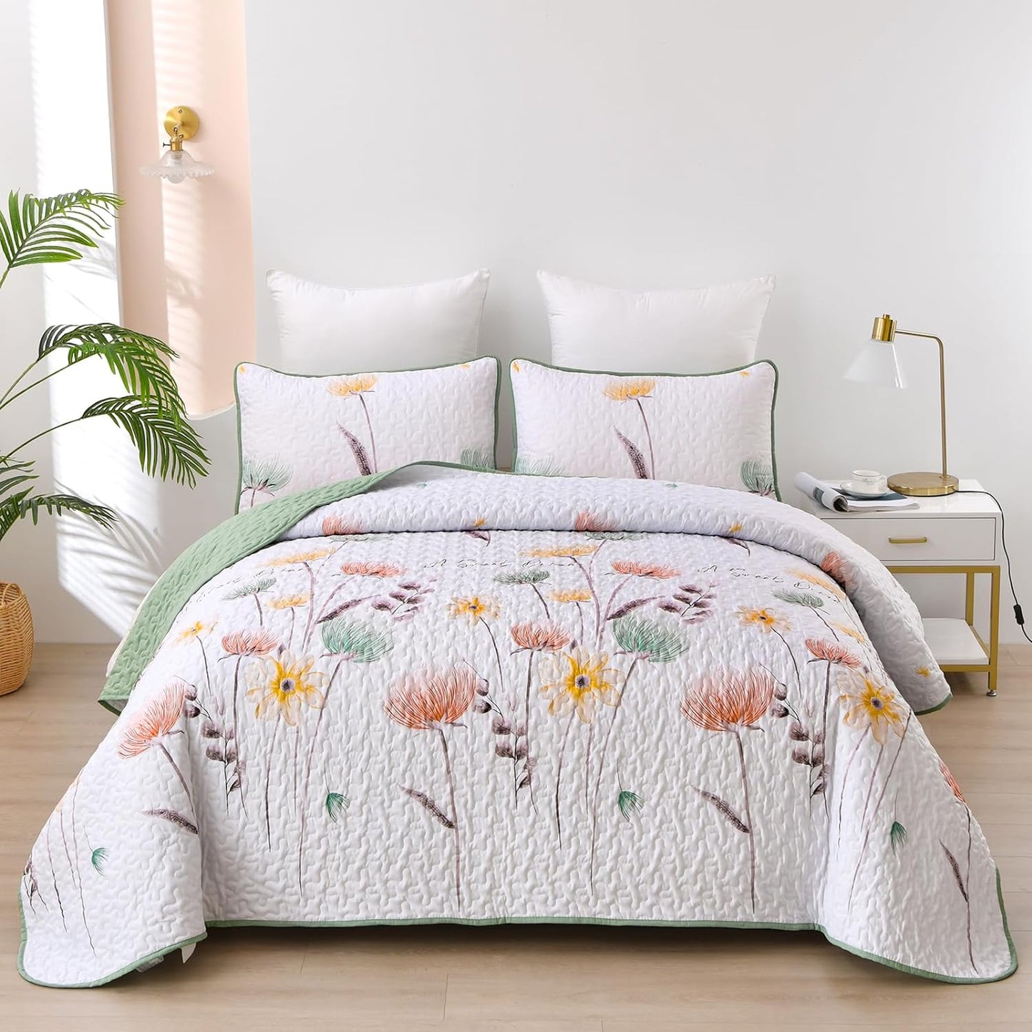 Sage Green Floral 3 Piece Bedding Quilt Set