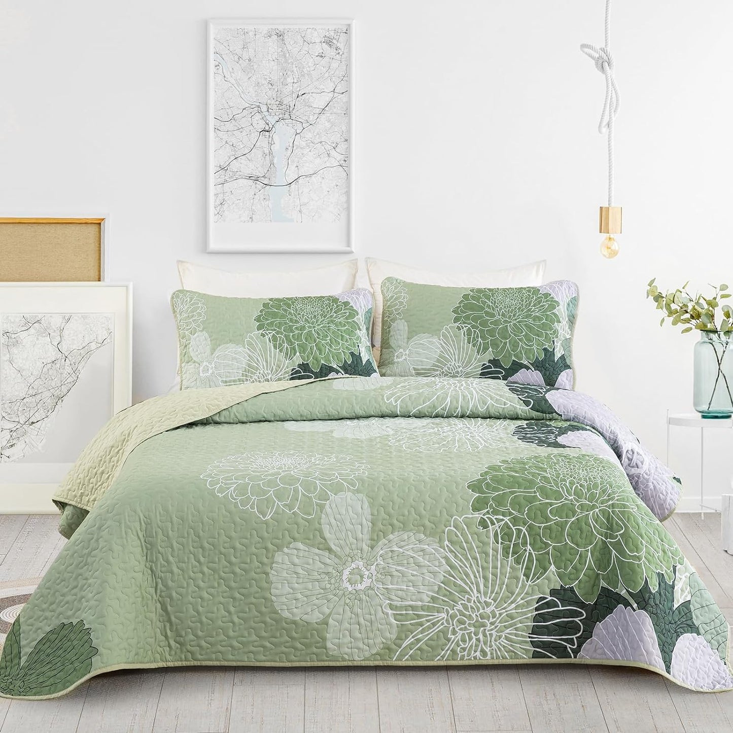 Ensemble de literie 3 pièces floral bohème vert sauge