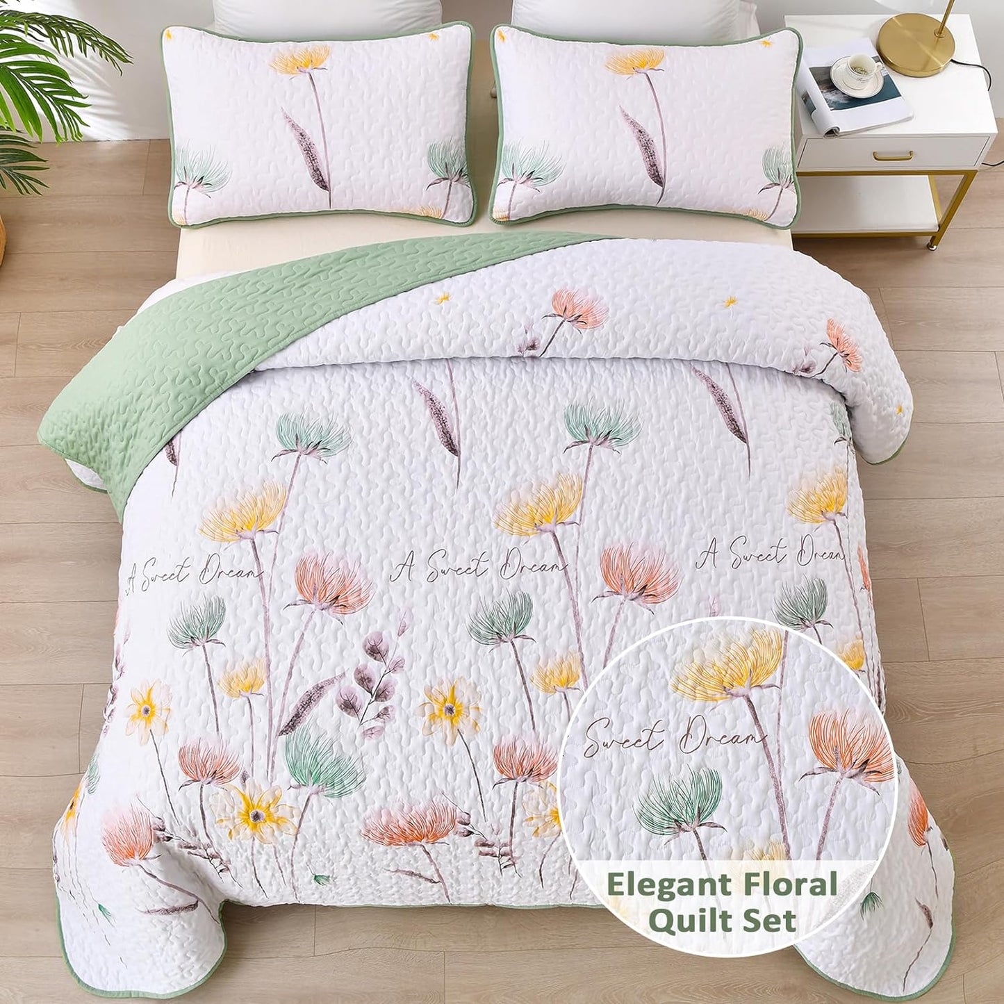 Sage Green Floral 3 Piece Bedding Quilt Set