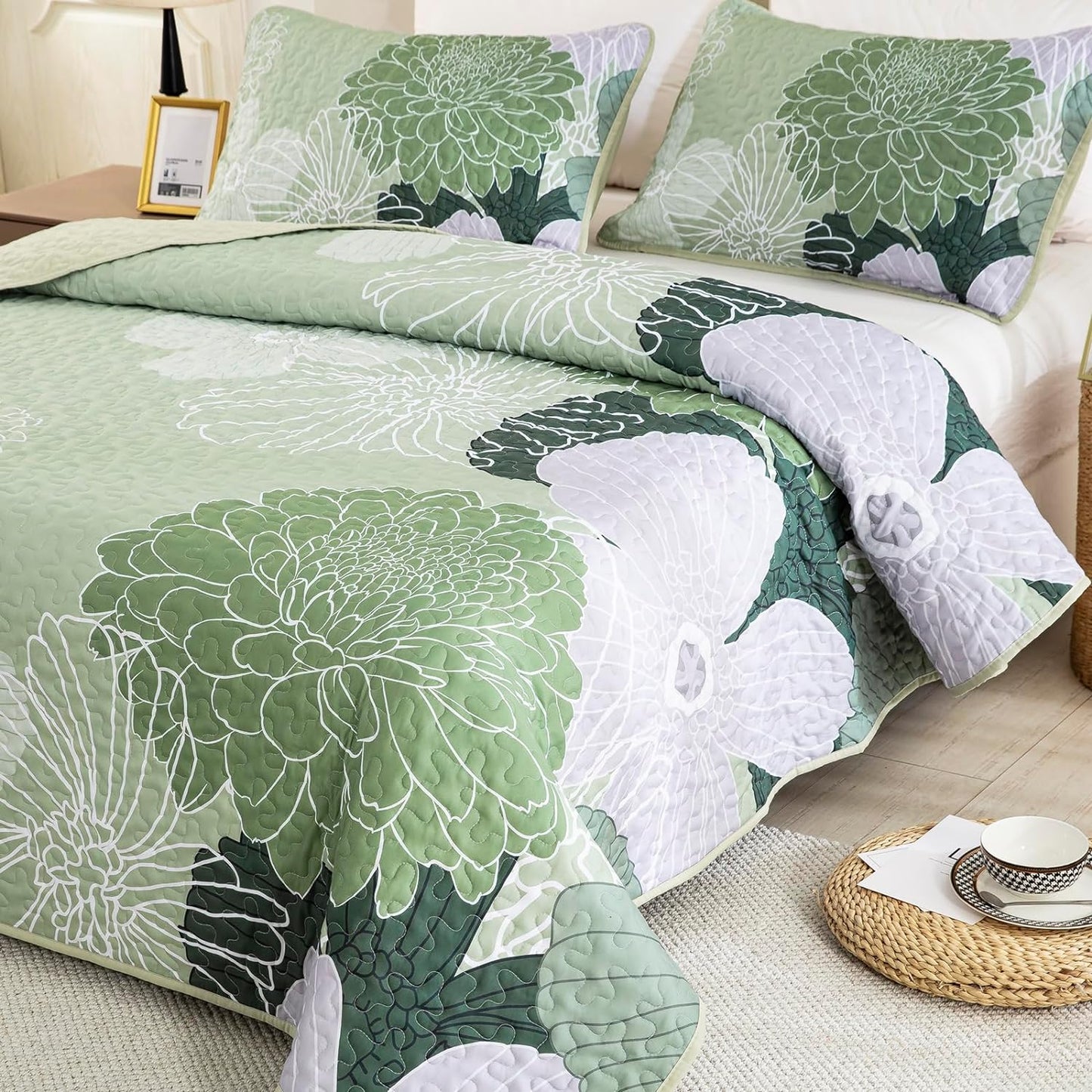 Ensemble de literie 3 pièces floral bohème vert sauge