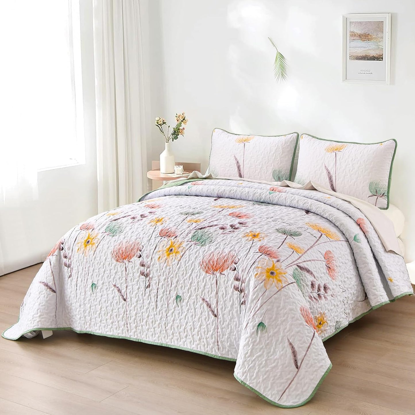 Sage Green Floral 3 Piece Bedding Quilt Set