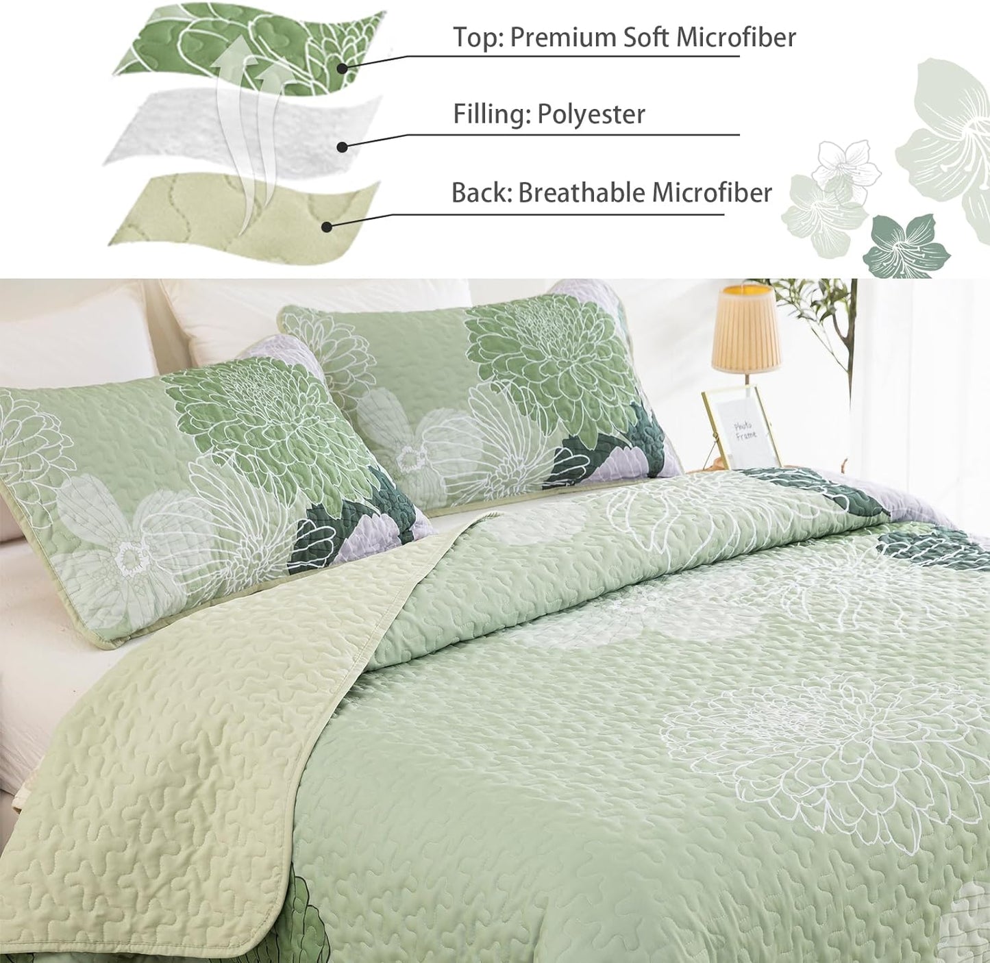 Ensemble de literie 3 pièces floral bohème vert sauge
