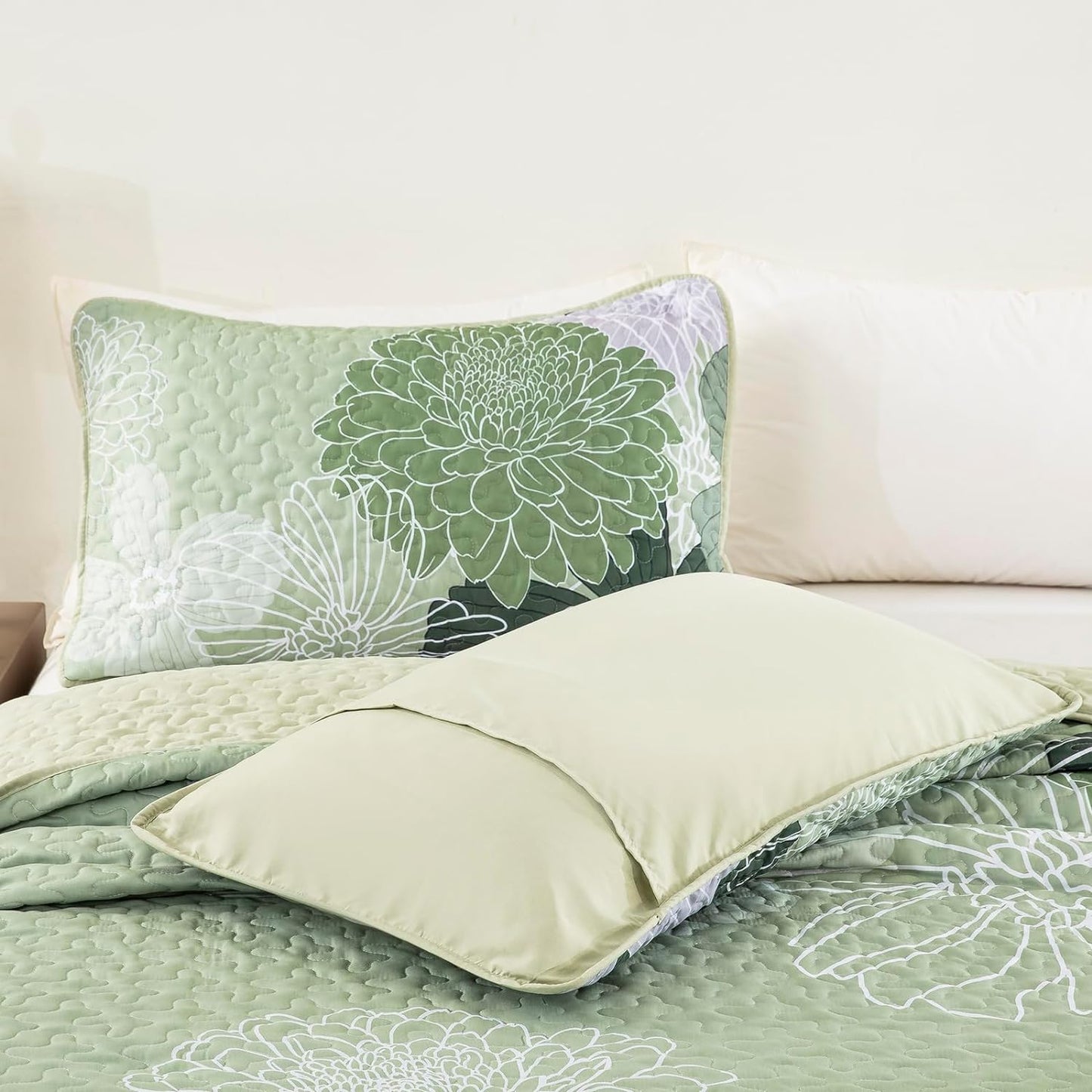 Ensemble de literie 3 pièces floral bohème vert sauge