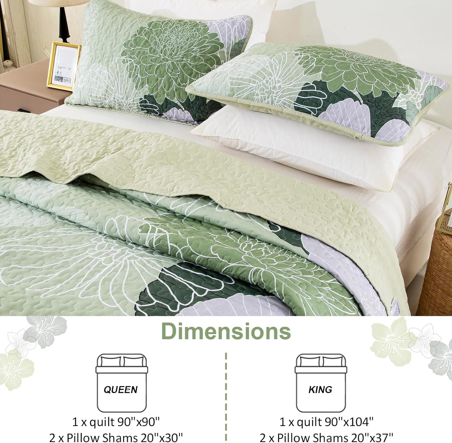 Ensemble de literie 3 pièces floral bohème vert sauge