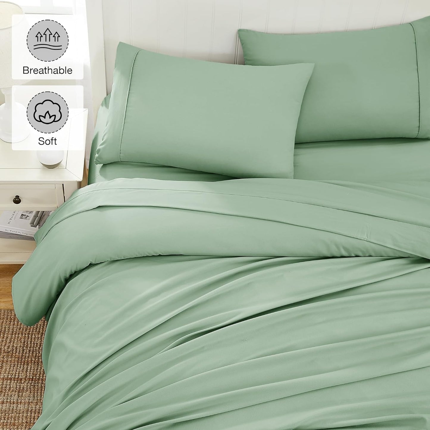 Ensemble de draps 4 pièces à poche profonde vert sauge
