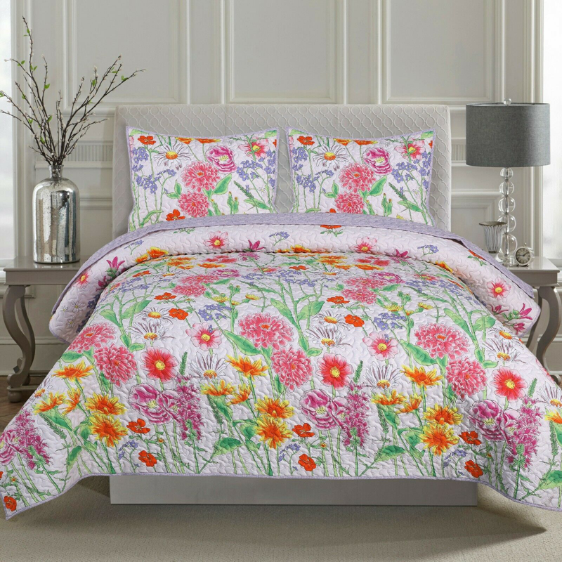 Floral Garden Reversible 3 Piece Bedding Quilt Set