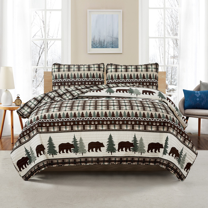 Chocolate & Green Plaid Bears 3 Piece Bedding Quilt Set