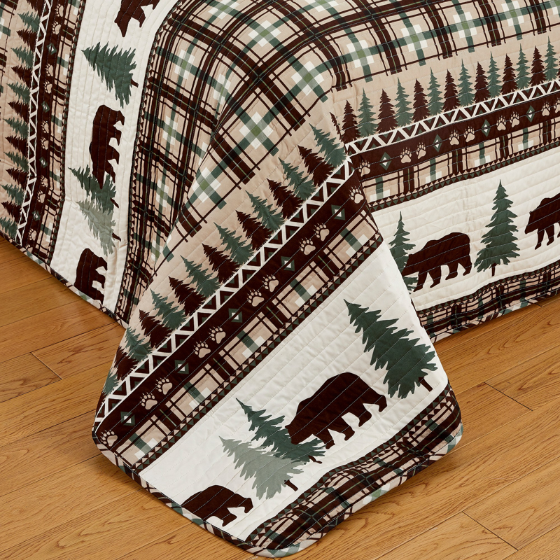 Chocolate & Green Plaid Bears 3 Piece Bedding Quilt Set