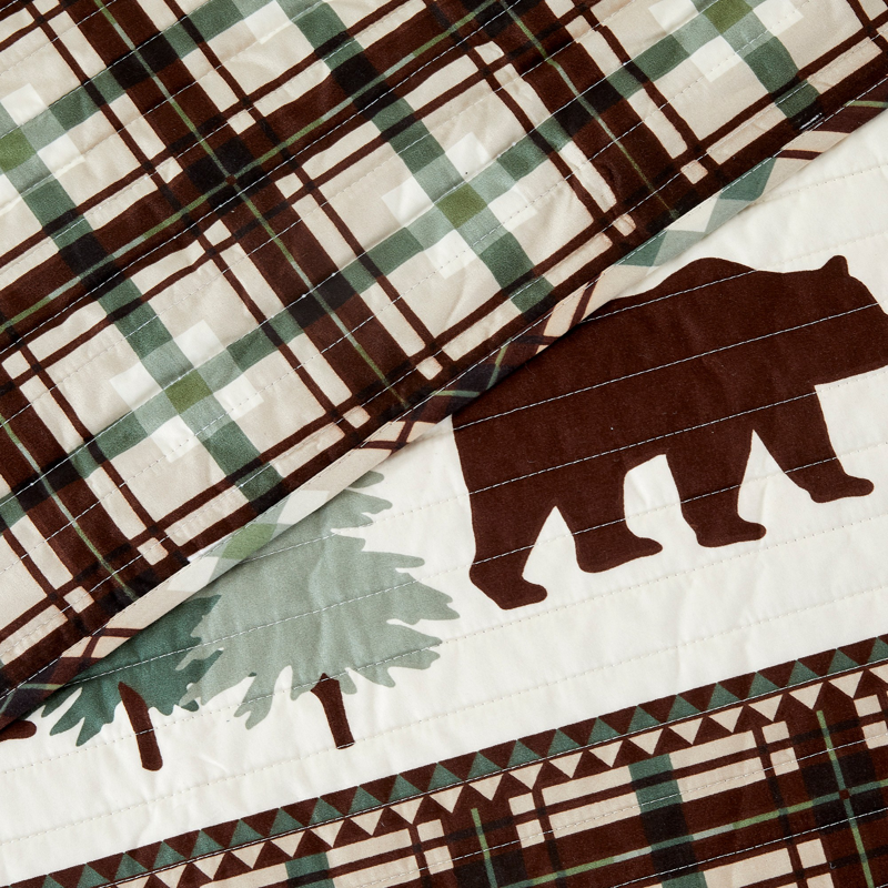 Chocolate & Green Plaid Bears 3 Piece Bedding Quilt Set