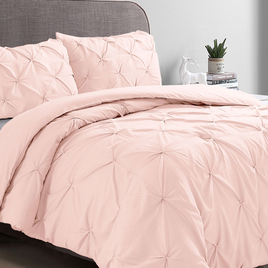 Blush Pink Pinch Pleated 3 Piece Bedding Comforter Set