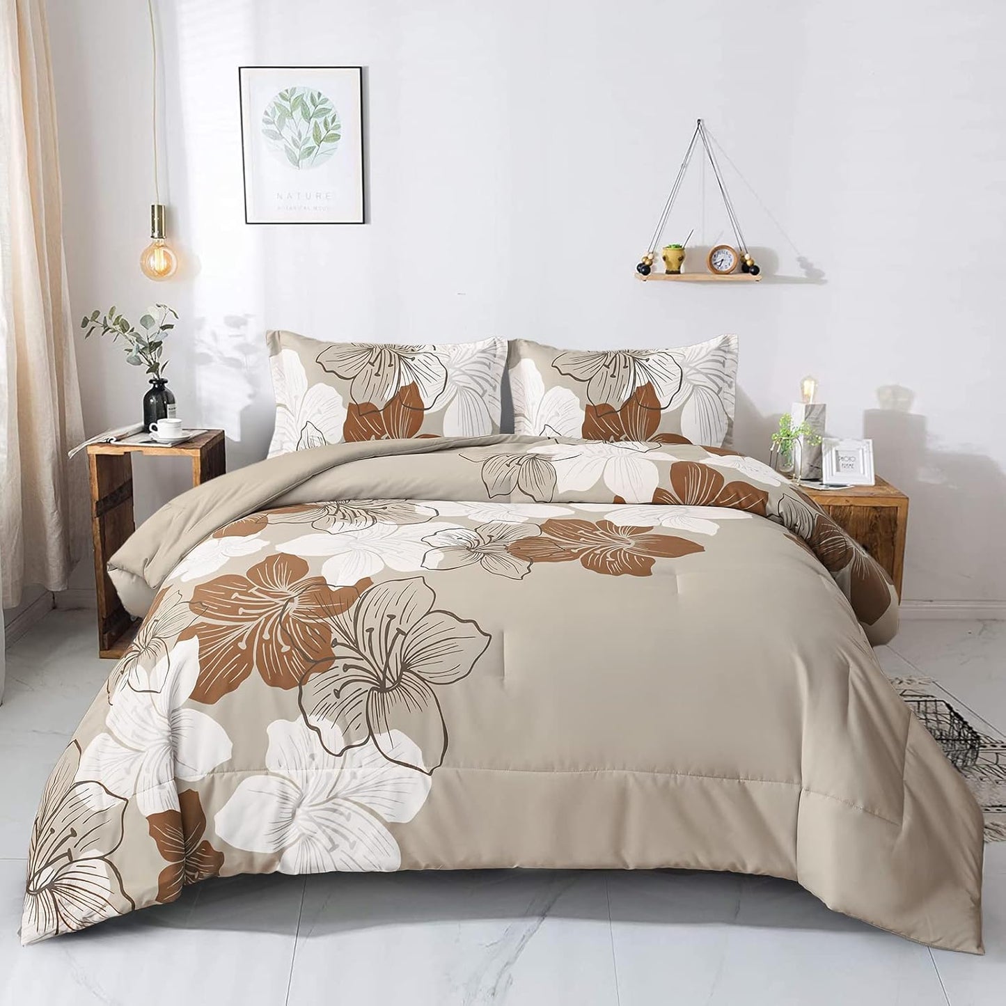 Taupe Bohemian Floral 3 Piece Comforter Set