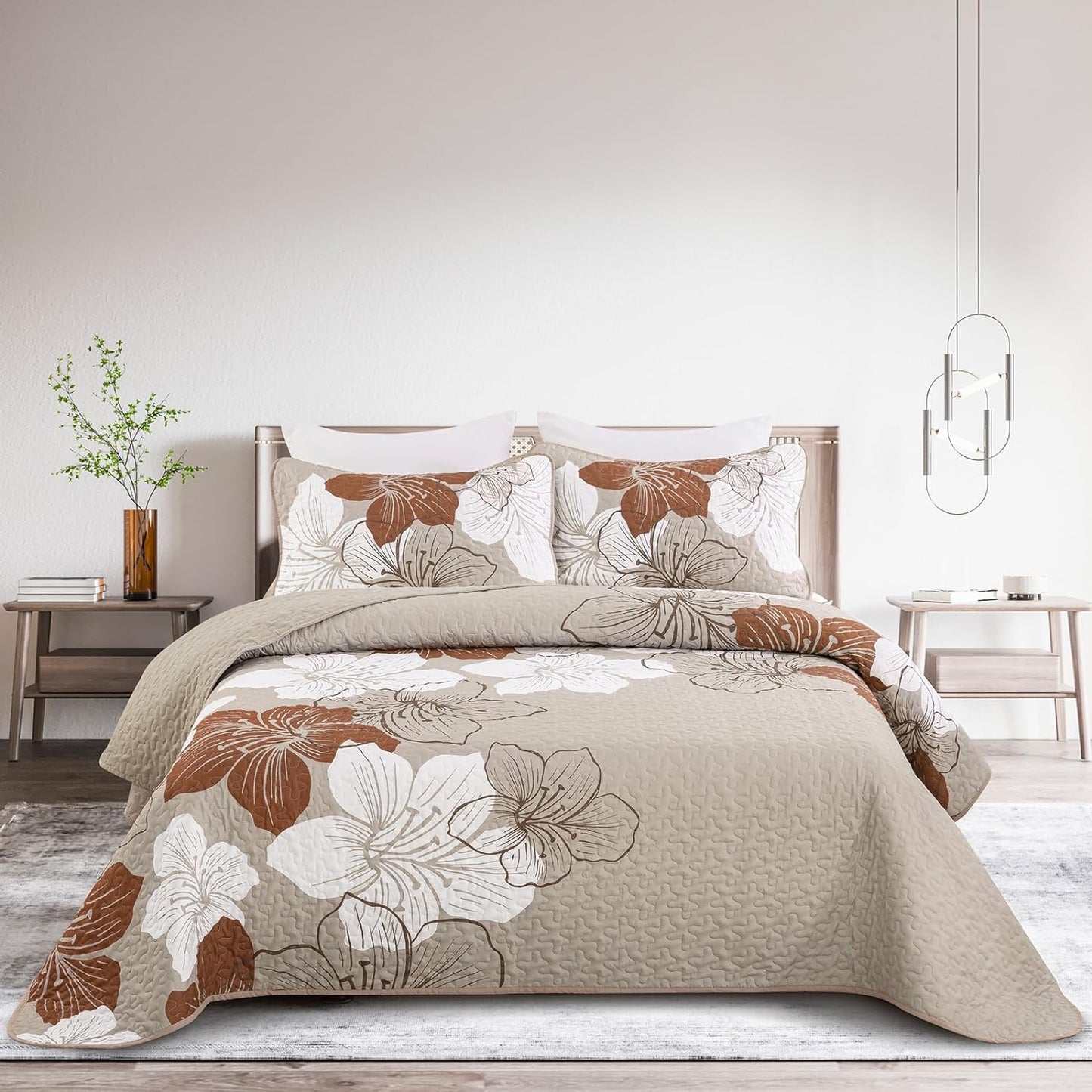 Taupe Bohemian Floral 3 Piece Bedding Quilt Set