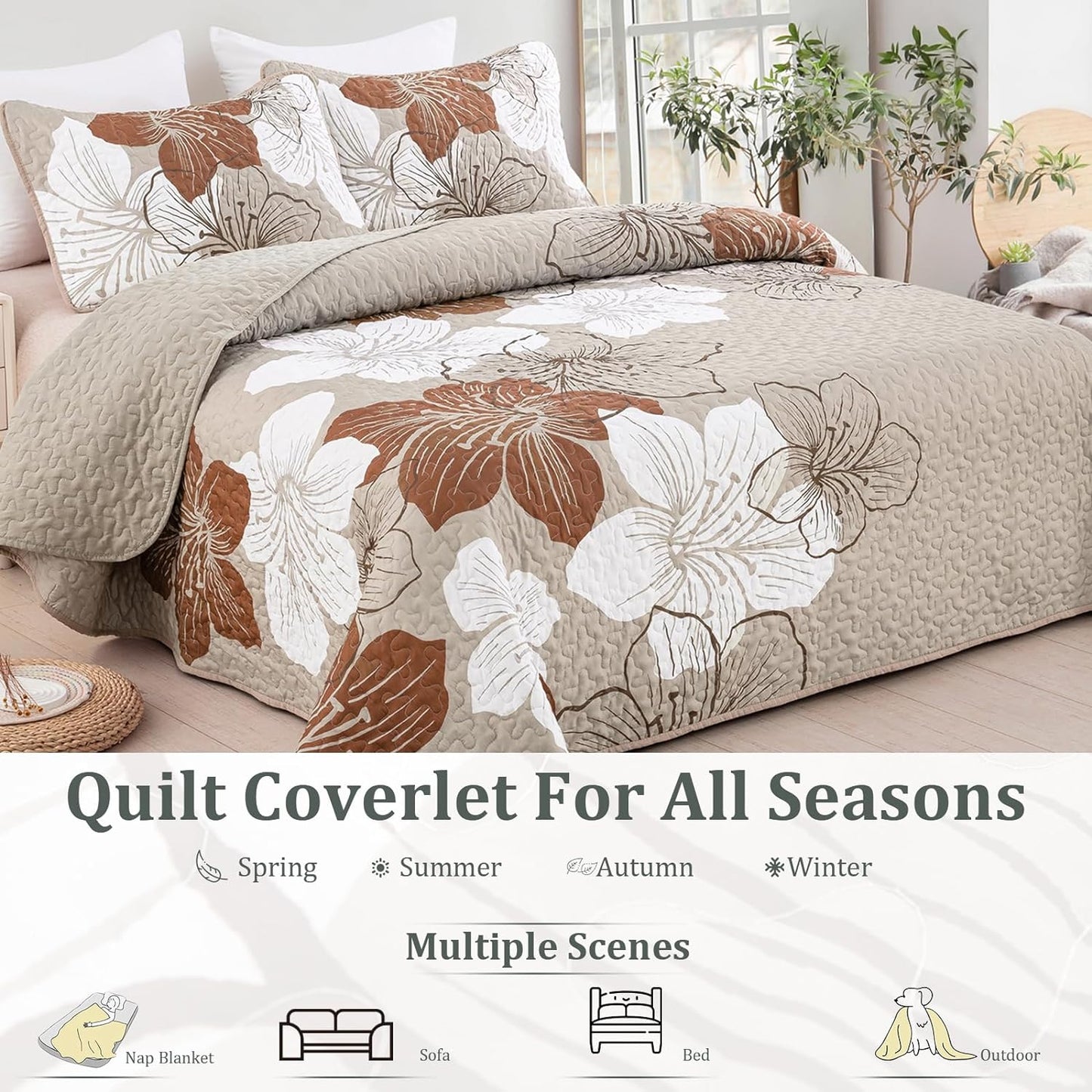 Taupe Bohemian Floral 3 Piece Bedding Quilt Set