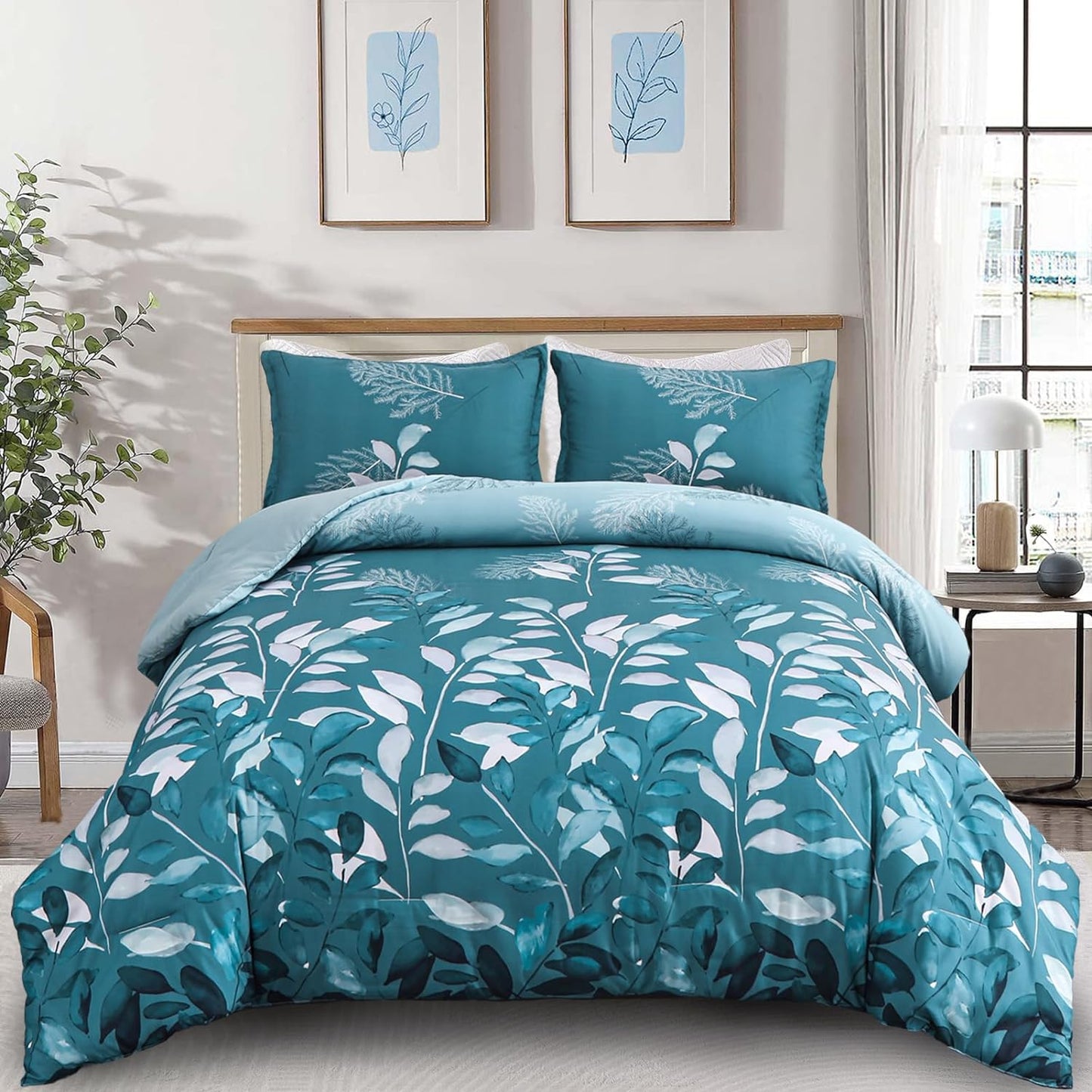 Botanical Teal Leaves 3 Piece Comforter Set