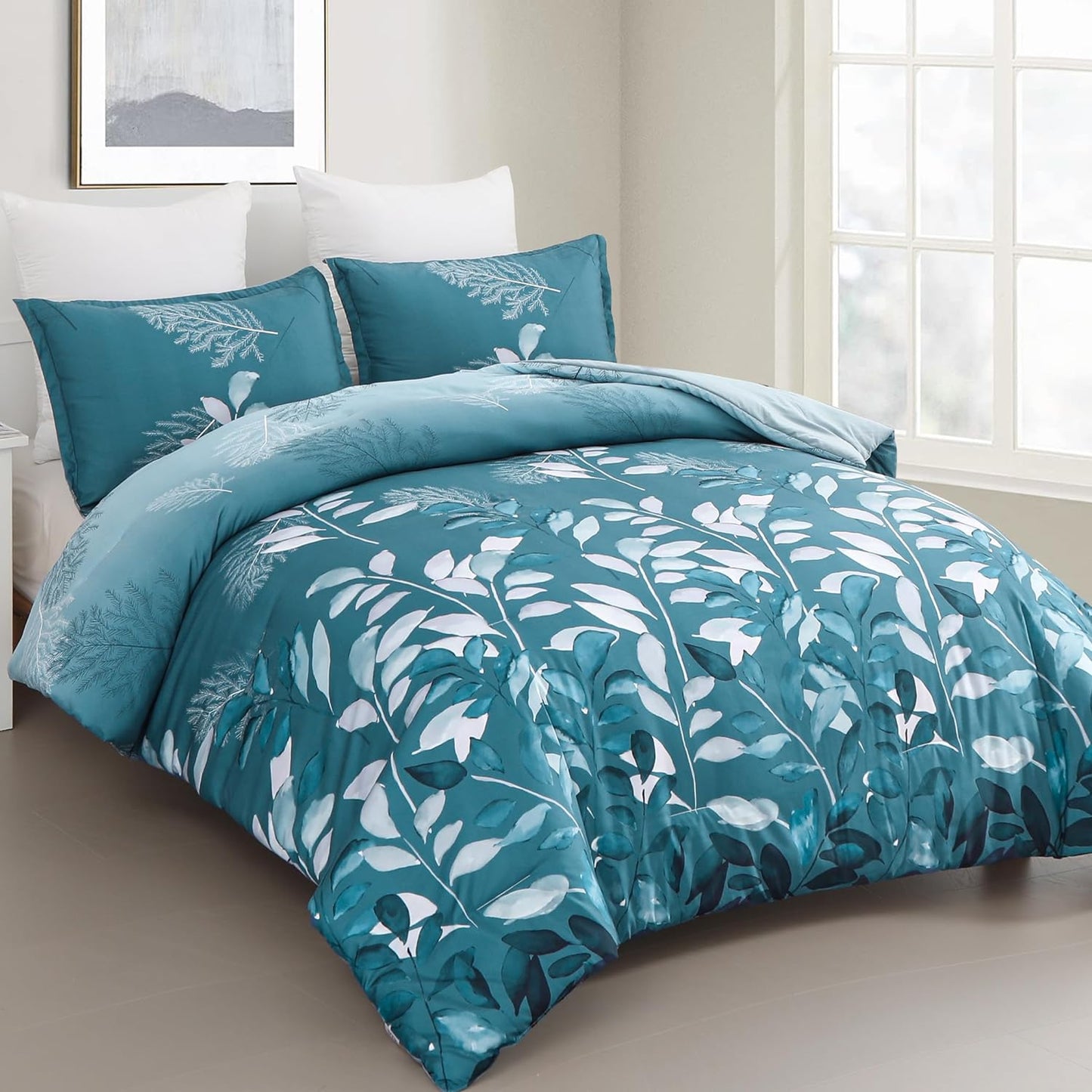 Botanical Teal Leaves 3 Piece Comforter Set