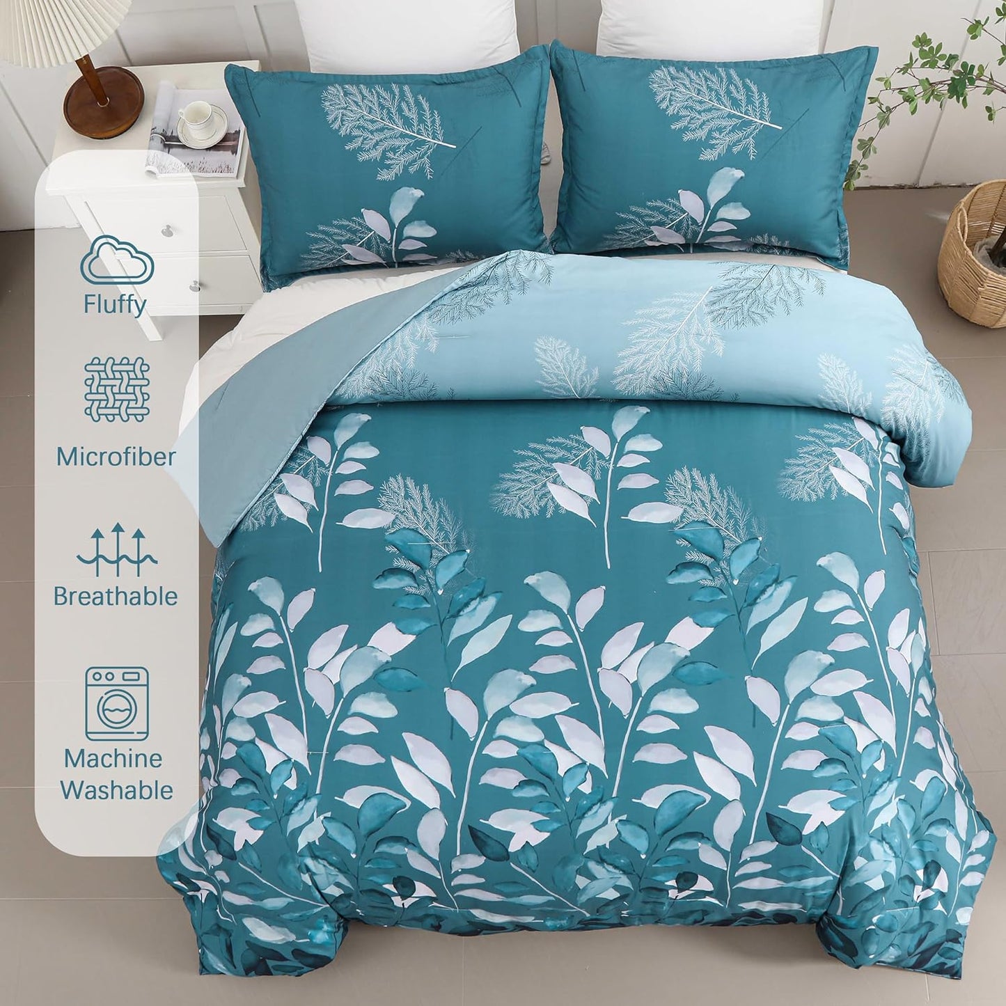 Botanical Teal Leaves 3 Piece Comforter Set