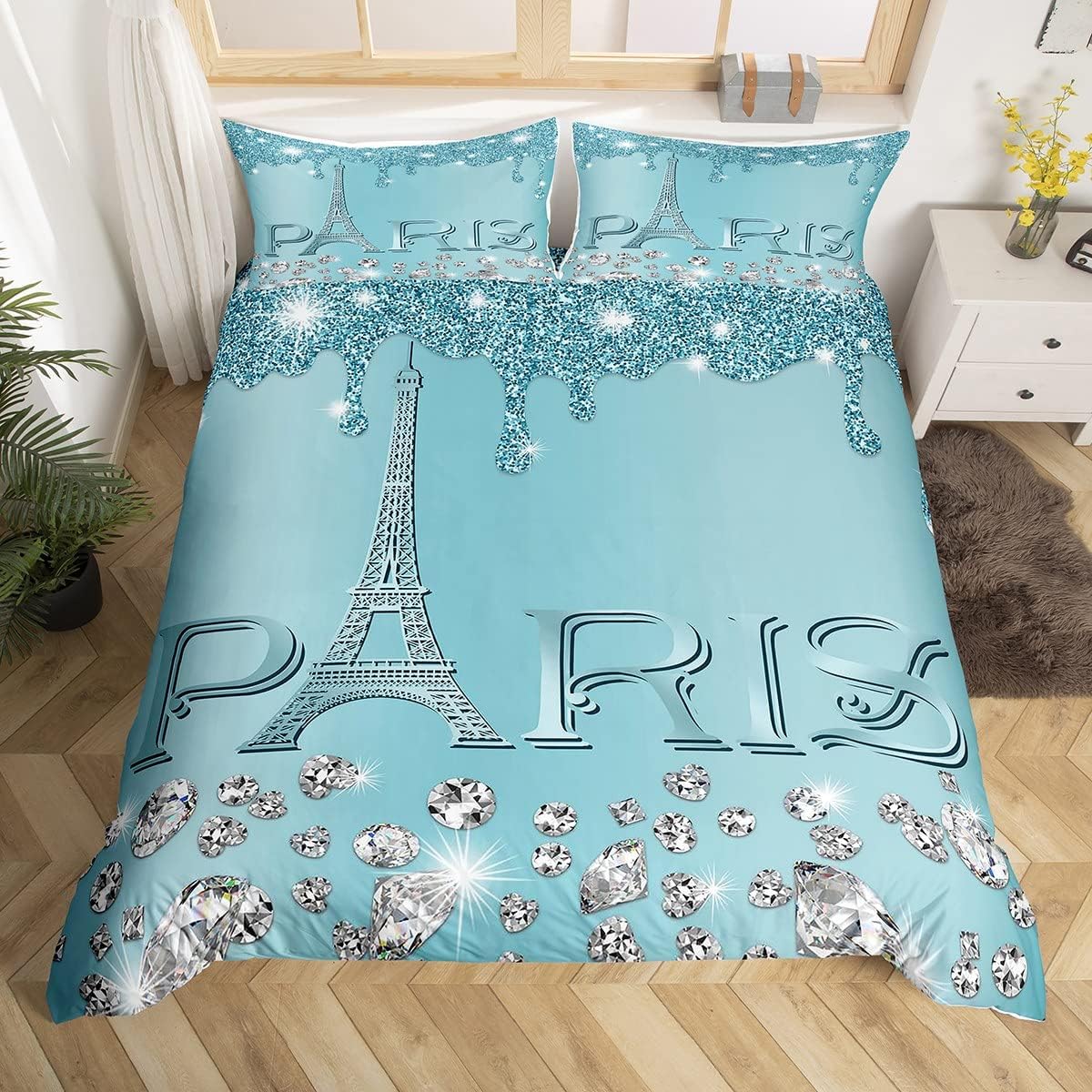 Teal & Silver Eiffel Tower 3 Piece Duvet Cover Set