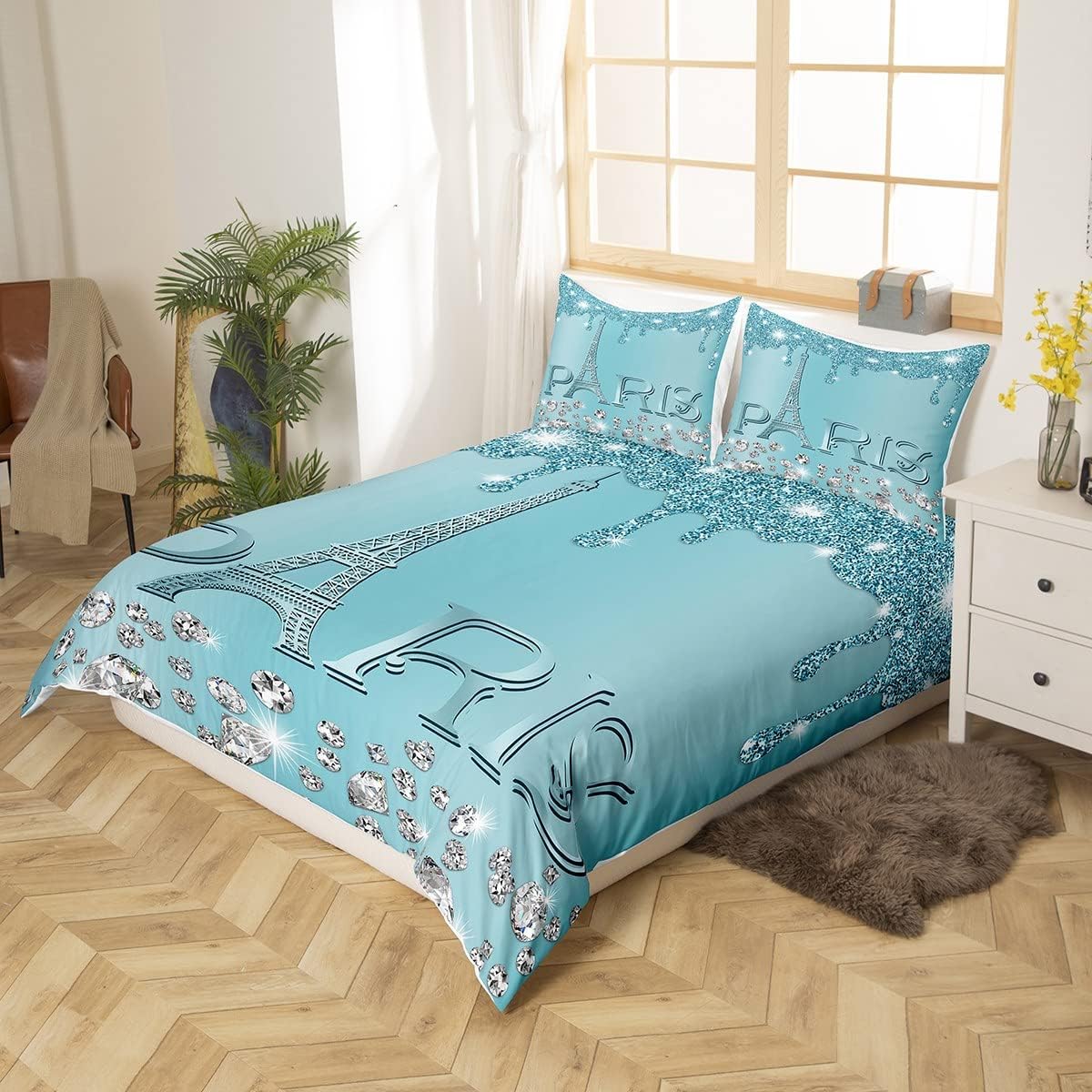 Teal & Silver Eiffel Tower 3 Piece Duvet Cover Set