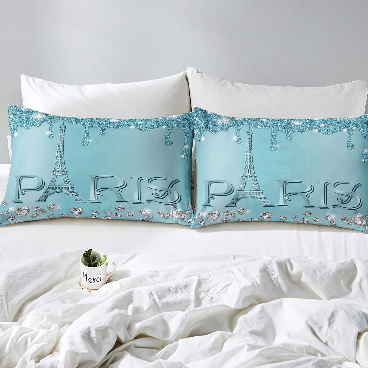 Teal & Silver Eiffel Tower 3 Piece Duvet Cover Set