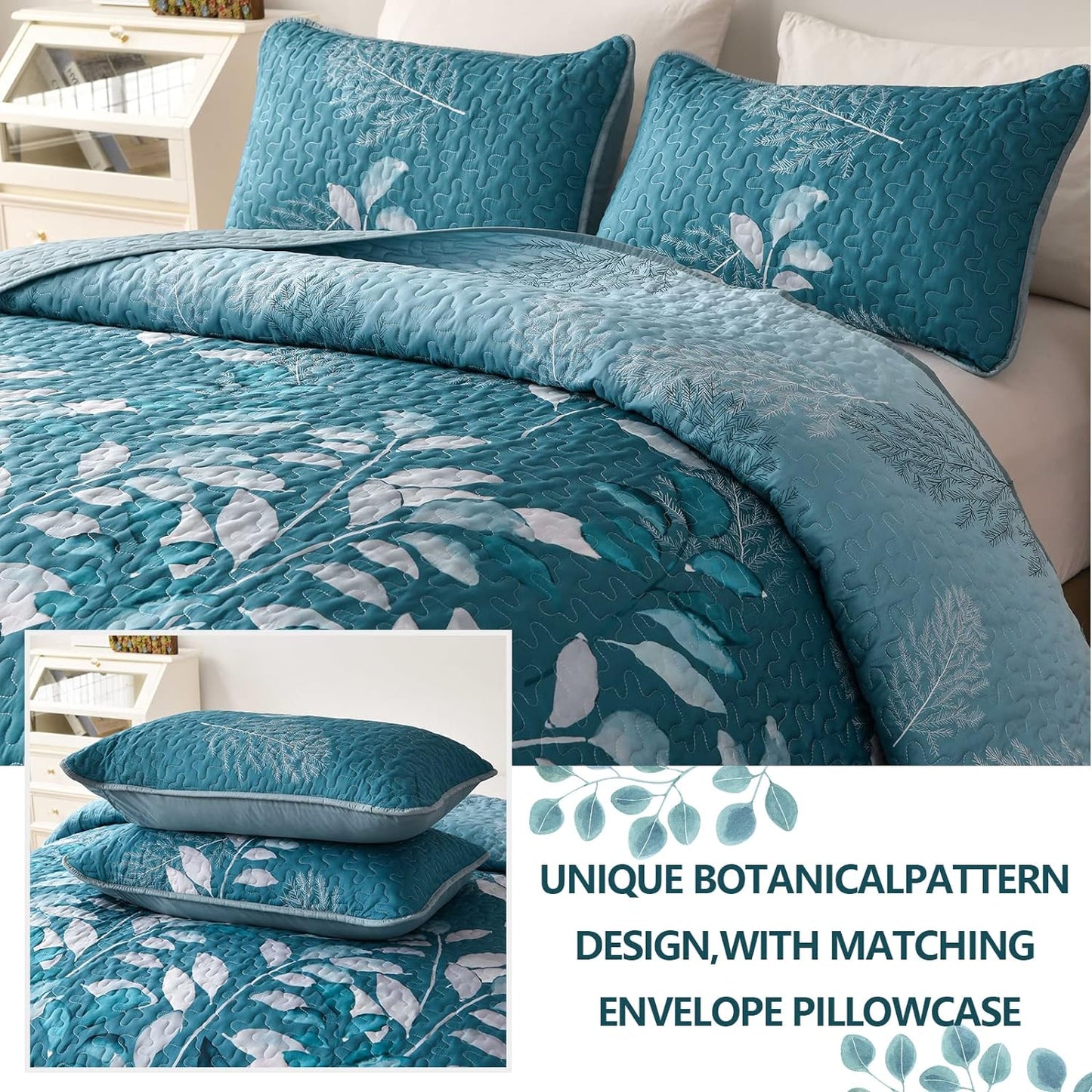 Botanical Teal Leaves Reversible 3 Piece Quilt Set