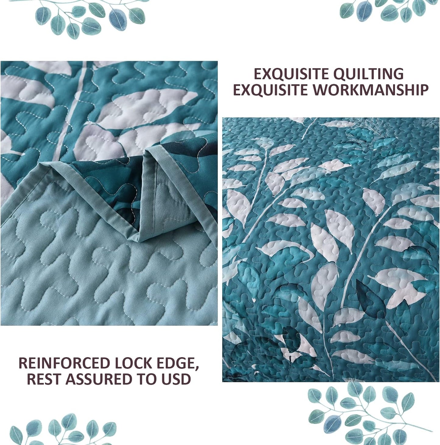 Botanical Teal Leaves Reversible 3 Piece Quilt Set