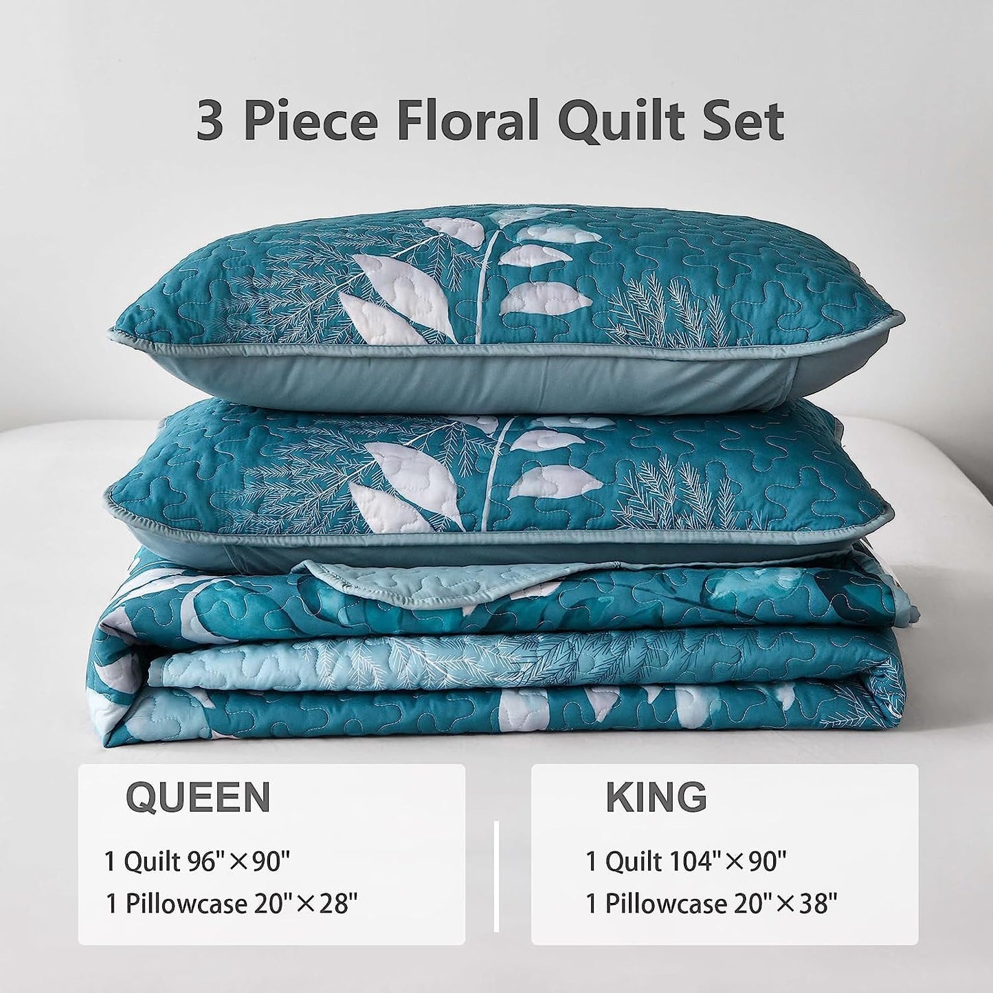 Botanical Teal Leaves Reversible 3 Piece Quilt Set