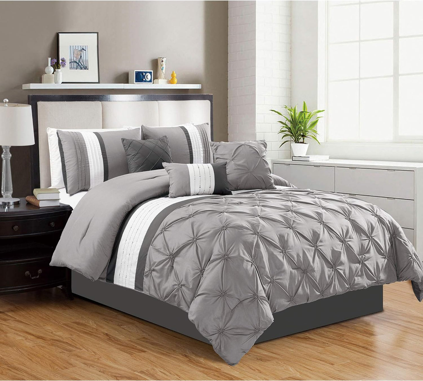 Grey 7 Piece Pinch Pleated Comforter Set (Includes 3 Cushions)