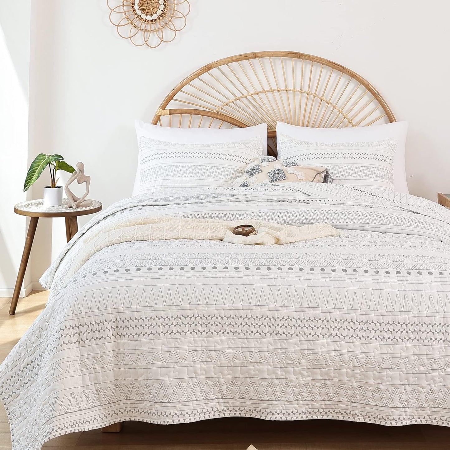 Ensemble de courtepointe réversible 3 pièces Boho Aztec blanc et gris