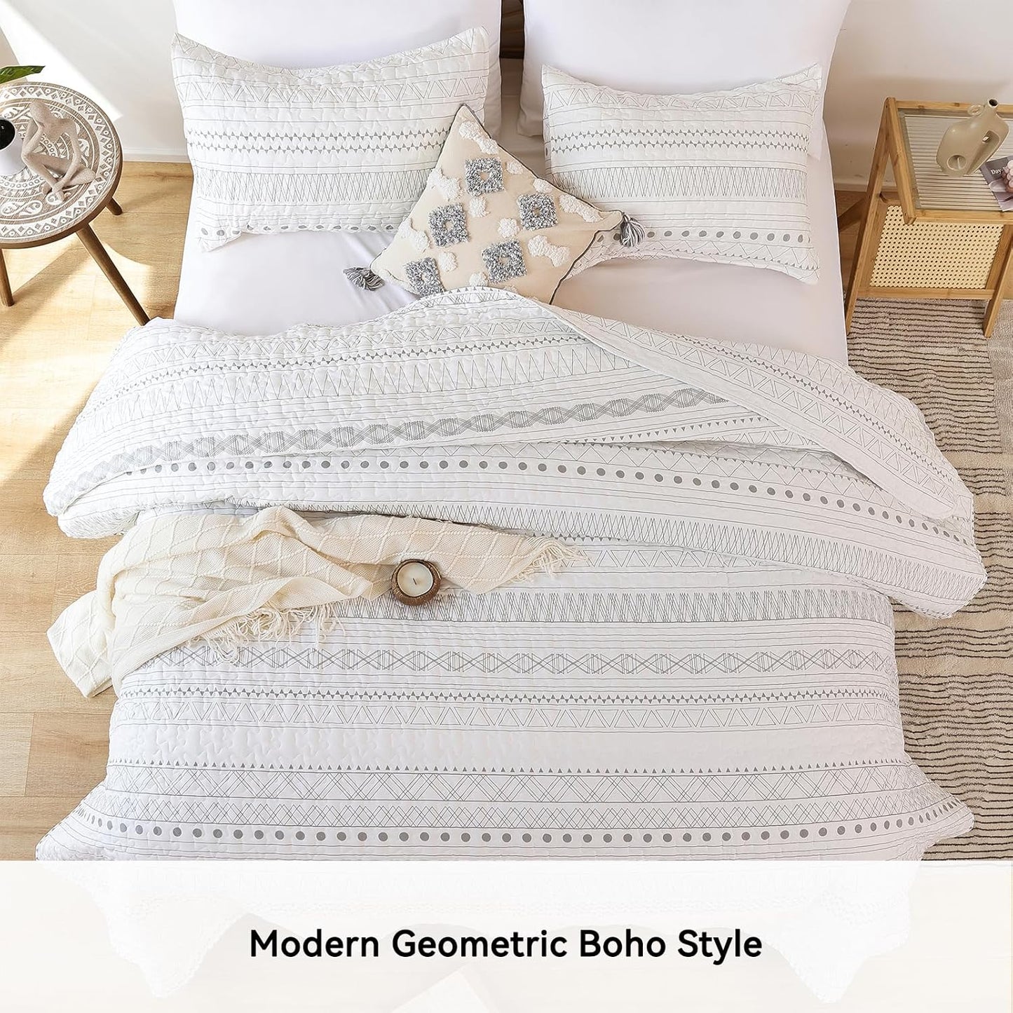 Ensemble de courtepointe réversible 3 pièces Boho Aztec blanc et gris