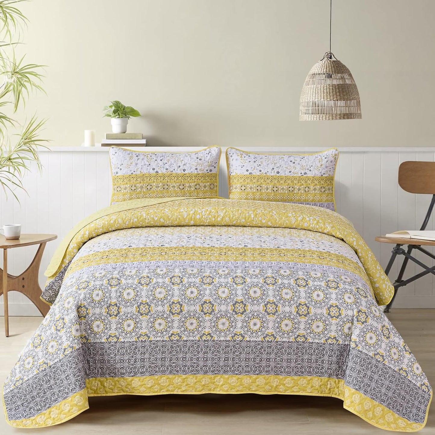 Yellow Bohemian Floral 3 Piece Bedding Quilt Set