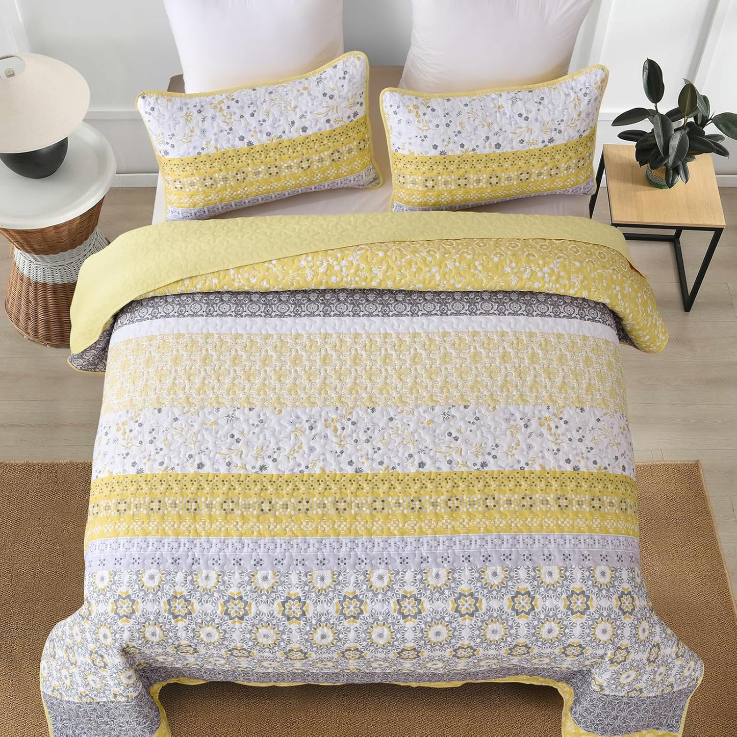 Yellow Bohemian Floral 3 Piece Bedding Quilt Set