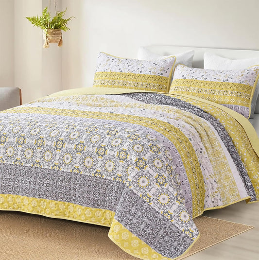 Yellow Bohemian Floral 3 Piece Bedding Quilt Set