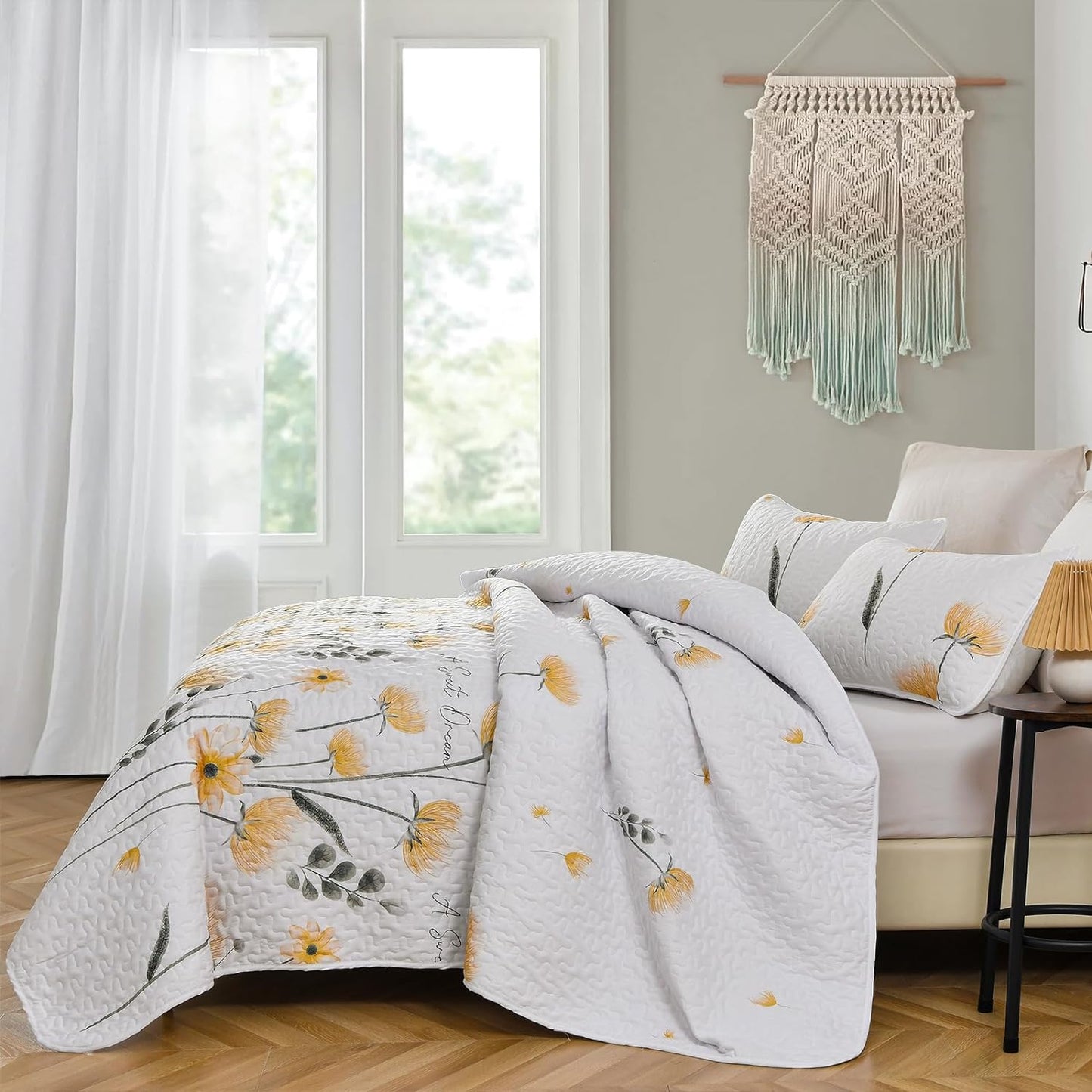 Yellow Floral 3 Piece Bedding Quilt Set