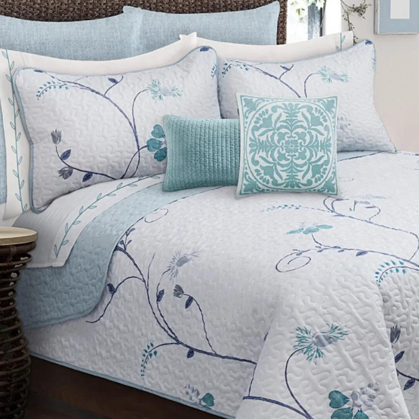Ensemble de courtepointe à motif floral bleu et bleu sarcelle 3 pièces