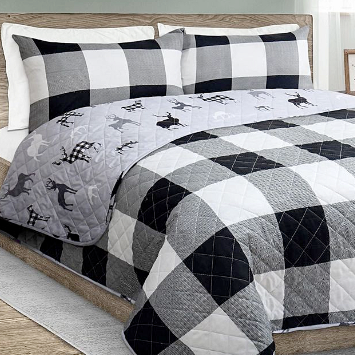 Buffalo Plaid Deer Reversible 3 Piece Bedding Quilt Set